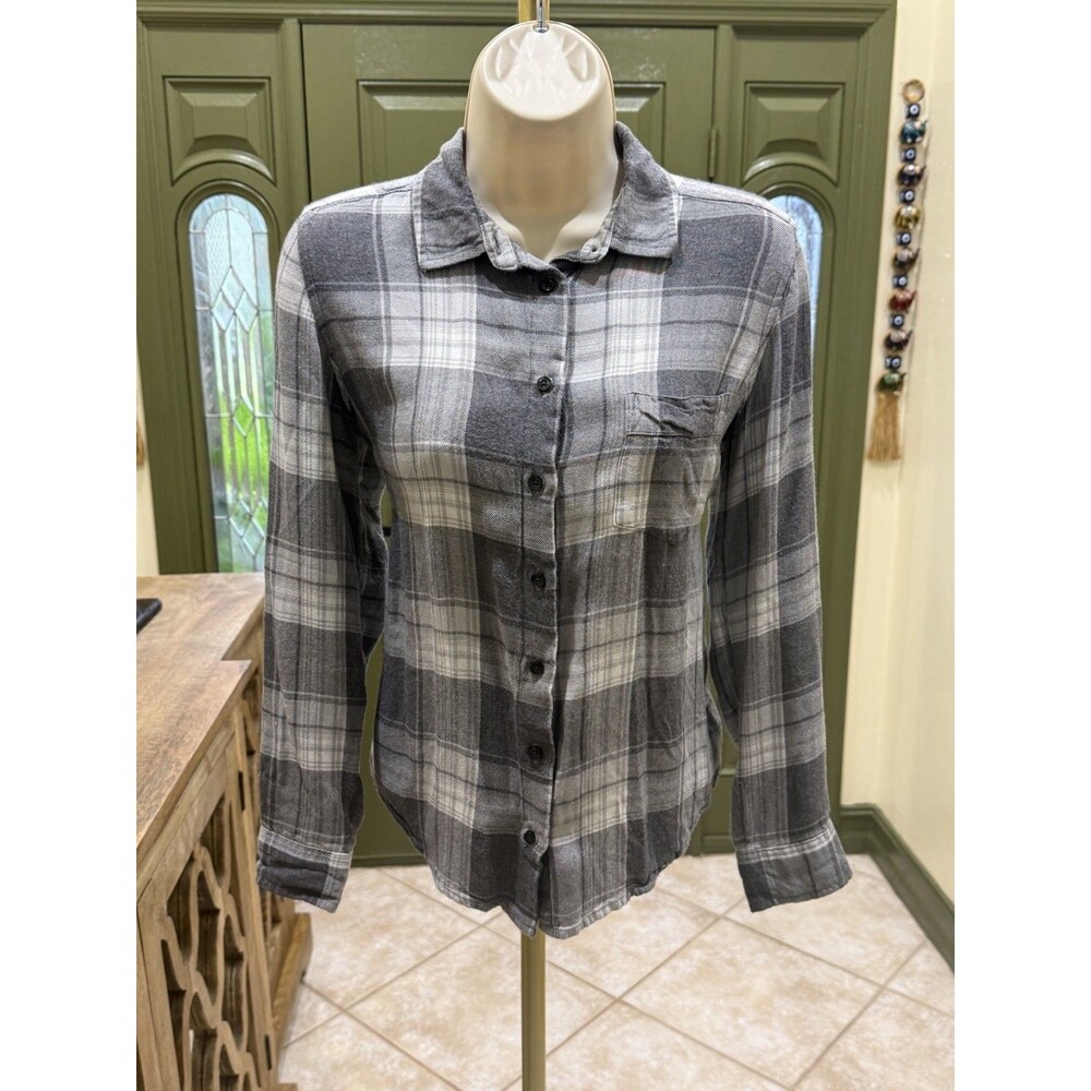 Women's Gray Plaid Long Sleeve Flannel Shirt – Size XS